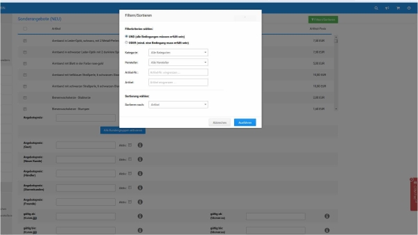 Neuanlage Sonderangebote mit Filter