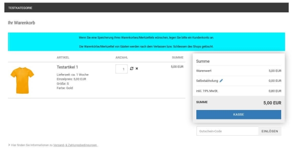 Warenkorbmeldung Ansicht Warenkorb