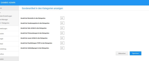 Admin-Ansicht Modul-Center für Sonderartikel in den Kategorien anzeigen