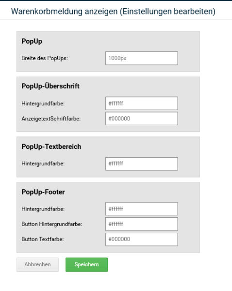 Warenkorbmeldung Grundeinstellungen