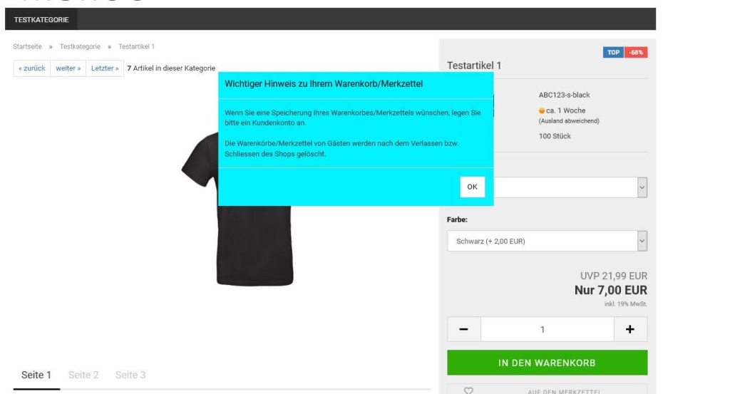 Warenkorbmeldung Shopansicht Warenkorbmeldung Shopansicht