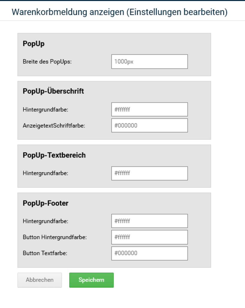 Warenkorbmeldung Grundeinstellungen Warenkorbmeldung Grundeinstellungen